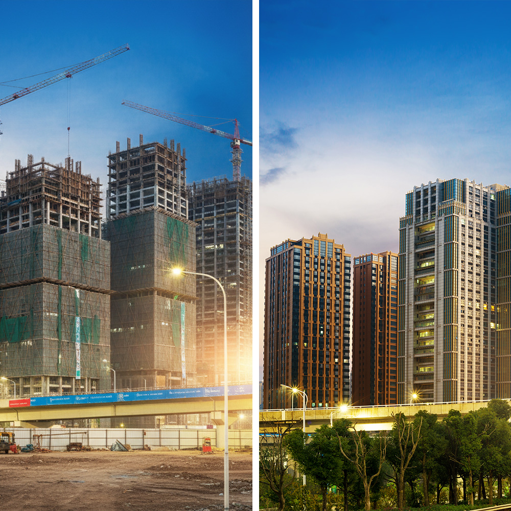 Before and after view of high-rise buildings showing construction and completed modern architecture by professional architects