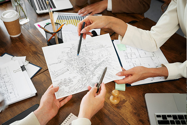 Close-up of professional hands pointing to detailed floor plans on a wooden desk, representing expert architecture services in India.