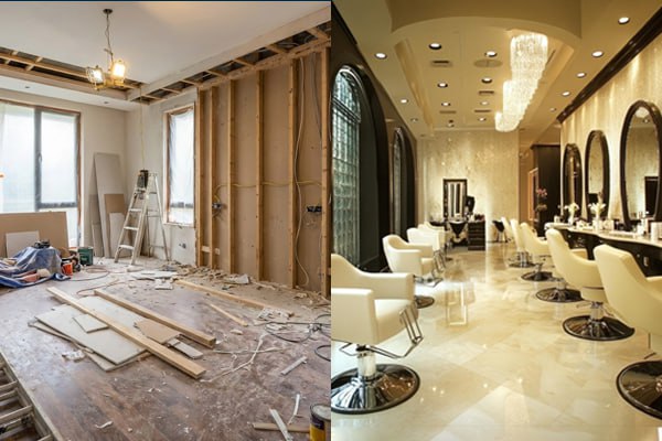 Raw construction site transformed into a luxury salon via modern architecture services in India.