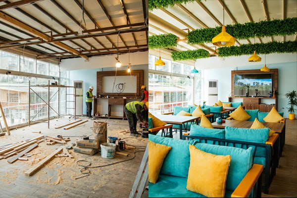 Before and after of a lounge renovation by the best architecture firm in India.