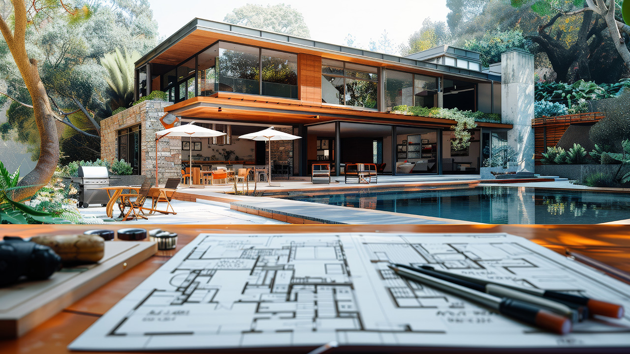 Luxury modern home design with pool and architectural blueprint representing best architecture services