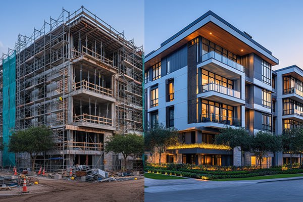 Side-by-side comparison of a building under construction and a completed luxury apartment by professional architects in India.